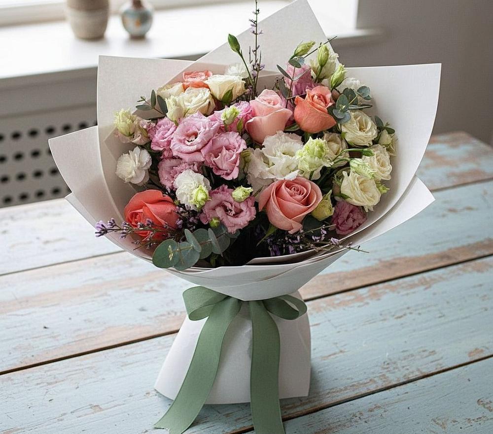 Букет цветов из: Розы, Лизиантусы и Гвоздики в Северодвинске